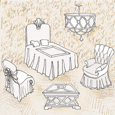 outline of bedroom furniture suite, lovers, with gold letters love sketch, gold and grey colorのイラスト素材