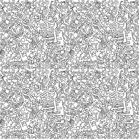 Seamless background of hand-drawn keys, arrows, hearts, curls,black in white backgroundのイラスト素材