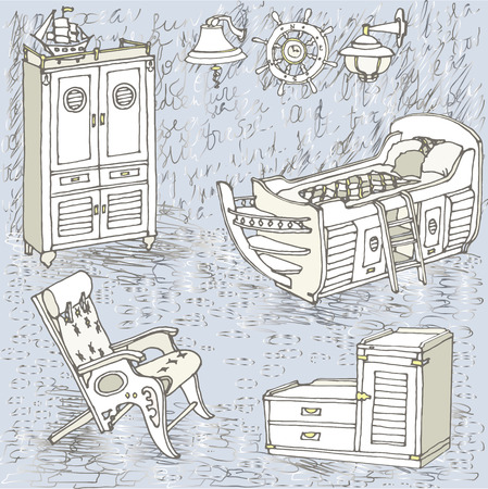 set of furniture for children's bedrooms in the maritime vintage style, hand-sketched, inscription color silver sea, ocean, joy, fun, sun,のイラスト素材