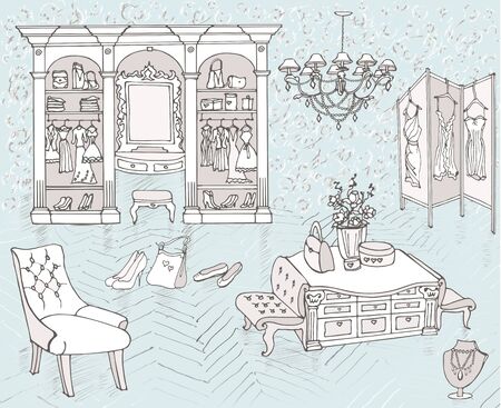 outline a set of furniture for a chic, glamor, elegant  dressing room for storage of female fashion and fitting,  color blue and silver, beigeのイラスト素材