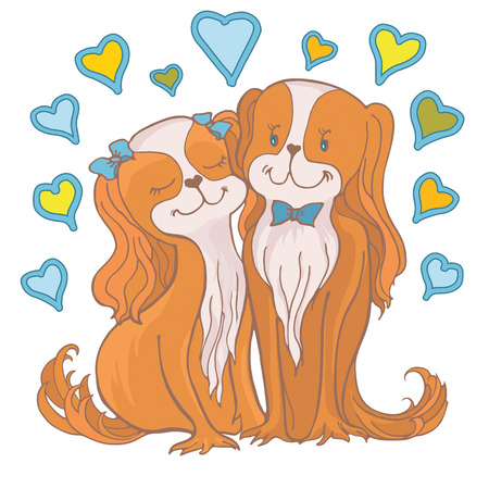 Cute funny dog breed Cavalier King Charles spaniel , lovers  cartoon sketch, very sweetly and gentle, affectionate and charming, charming and full of love, little animals on Valentine's Day or wedding dayのイラスト素材