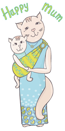 Cute cat with a kitten in a sling, a happy mother, a bright dress with a pattern of paisley, cartoon, in blue and green colorのイラスト素材