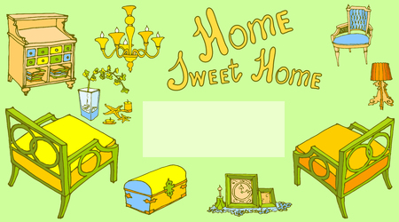 card with a set of furniture painted with the text sweet home, for house warming party, in the style of Provence, color bright, green background, yellow, blue, orangeのイラスト素材