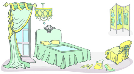Outline set of furniture for a female bedroom in a classic style, hand drawn, in a vector, In delicate mint colors, green and yellowのイラスト素材