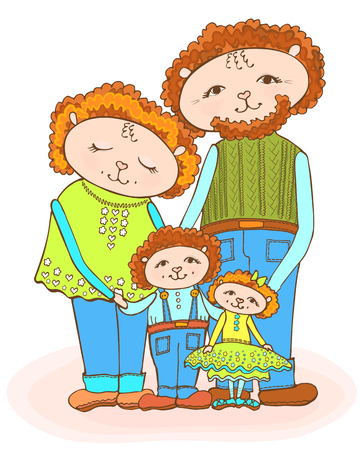 Funny drawing of the family of sheep, mom, dad, daughter and son, red-haired in bright green and in denim, vector doodleのイラスト素材