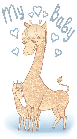 Vector sketch cartoon gorgeous  giraffe with child hand painted in tender lines, in pastel colors, letters My Babyのイラスト素材
