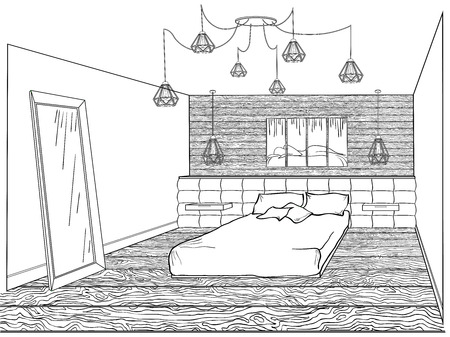 Interior bedroom loft with a bed soft quilted, wooden wall and floor, a lamp spider, a mirror and a modern painting with a silhouette sleeping on the headboard, a sketch in the lines.のイラスト素材