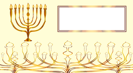 Invitation card for Israeli Jewish religious holiday with a chandelier seven lights, menorah painted in a vector of gold linesのイラスト素材