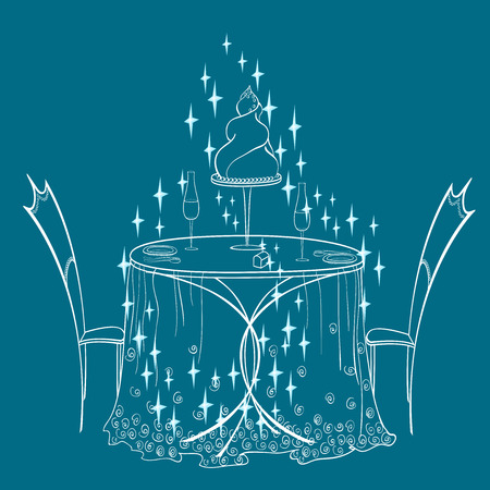 Sketch a vector on a blue background laid table for a loving couple with two glasses and dessert, cloth, magic asterisks, to declarations of love and courtship White on a blue backgroundのイラスト素材