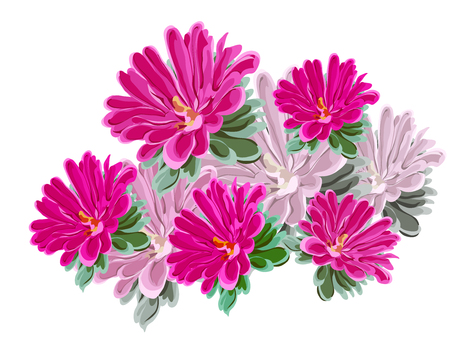 Composition bouquet of bright pink and lilac chrysanthemums, flowers and leaves in vector on white backgroundのイラスト素材