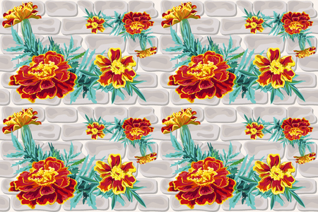 Pattern painted brightly colored marigolds nasturtium black-clover on a background of beige brick wall.のイラスト素材