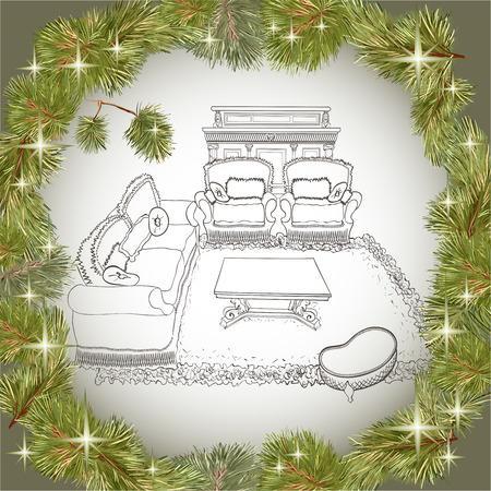 Doodle rich New Year's interior in classic style, armchairs and sofa, chest of drawers and carpet, in a romantic frame, a wreath of branches of a Christmas tree with bright stars, painted in a vector, pine and spruce, against a gradient backgroundのイラスト素材