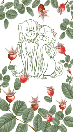 vector sketch of a loving little dog in the frame of a banner in the form of leaves and hips dog-rose against white backgroundのイラスト素材