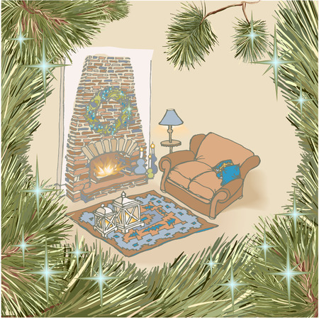 Vector drawing - beautiful cozy classic cute home interior, furniture, Rustic fireplace, comfortable sofa, carpet, candles, christmas glitter - stars, hand-painted in soft colors with romantic frame - a wreath made of branches of a Christmas treeのイラスト素材