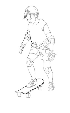 Boy, teenager skateboarding, beginner and uncertain, feeling afraid, learning to skate, vector silhouette isolated outline in black line in white backgroundのイラスト素材