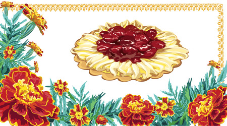 painted in a vector sweet pastry with cream and cherry cream on an embroidered napkin in a frame of brightly colored marigold flowers, on a white backgroundのイラスト素材