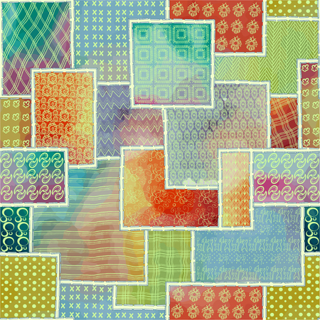 Seamless texture of patchwork background decoration in the form of sewn up flaps, fabrics, embroidery and crochet crochet, knitting needles, of watercolor stains handmade, homemade products, painted in vectorのイラスト素材