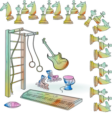 Vector sketch - hobby of boys, sport, music, chess, toys, hand-painted and watercolor stains birthday, invitationのイラスト素材