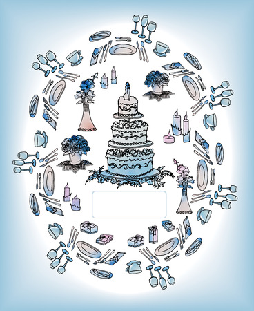 Invitation card with a laid wedding and festive table, with a cake, flowers, candles and gifts, and cutlery, plates, forks, knives, glasses in a circleのイラスト素材