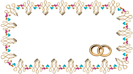 Frame in the vector of hearts in the form of precious stones and gold, rubies and sapphires, and gold wedding rings, an invitation to a wedding, a confession Vector drawing on white background isolatedのイラスト素材