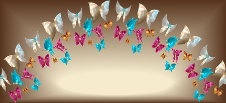 Arch of jewelry butterflies in the form of gems on a gold background isolated vector.のイラスト素材