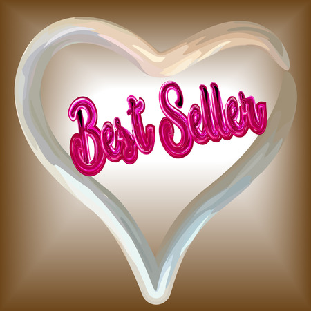 Inscription Best Seller made of precious stones of scarlet rubies on a gold background, in the heart of mother-of-pearl, a luxurious card for the store, in vectorのイラスト素材