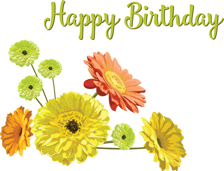 Card with a bouquet and congratulation HAPPY BIRTHDAY from flowers brightly drawn gerberas and chamomiles isolated in vector yellow, orange and greenのイラスト素材