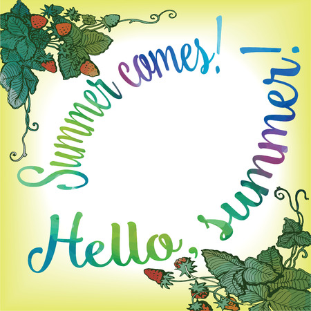 Vector frame of berries and leaves of a winding forest strawberry inscription "Hello, summer" and "Summer comes"のイラスト素材