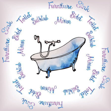 Outline of the bathroom classic in the frame of the words furniture, sink, bidet, toilet, bath. Watercolor stainsのイラスト素材