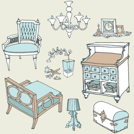 sketch of a set of furniture and decorのイラスト素材