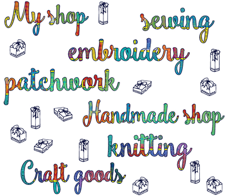 Decorative inscriptions in the style of bokho patchwork for packing handmade gifts, sewing, knitting, embroidery vector on a white backgroundのイラスト素材