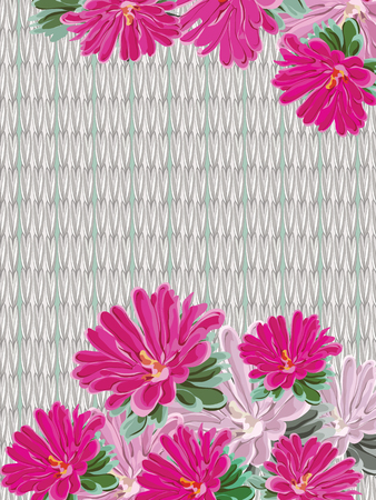 Against the background of a knitted canvas a bouquet of pink bright asters, flowers and leaves, a vector for congratulating knittersのイラスト素材