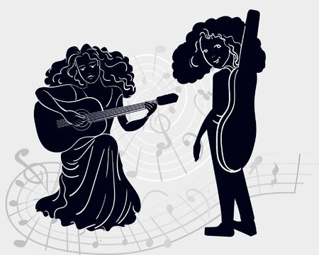Vector silhouette of two girls, one plays the guitar and the other carries in a case, turned around. Against the background of a set of musical notes, gray and black. composing music - creativity, funのイラスト素材