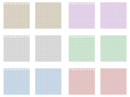 Set of sheets of paper. Paper scraps. Cut paper from a notebook in a cell. Torn pieces of paper. School notebook. Colorful, vintage, classicのイラスト素材