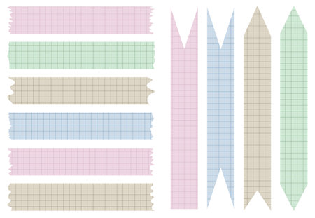Set of paper sheets. Pieces of decorative tape for scrapbooks. Washi tapes collection in vector. Ripped paper. Torn pieces of paper from a notebook in a cell. Colorful ribbonsのイラスト素材