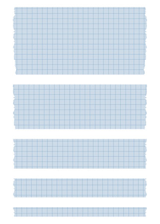 Set of paper sheets. Pieces of decorative tape for scrapbooks. Washi tapes collection in vector. Ripped paper. Torn pieces of paper from a notebook in a cell. Blue ribbonsのイラスト素材