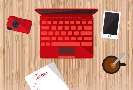Workplace. The view from the top. Laptop, camera, smartphone, list of ideas.のイラスト素材