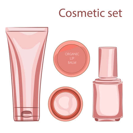 Cosmetic set in vector. Organic cosmetic. Nature cosmetics. Cream tube, lip balm, nail polishのイラスト素材