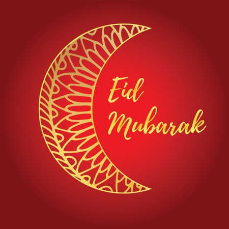 Greeting card of Eid Mubarak holiday. Golden moon on red background. Vector illustrationのイラスト素材