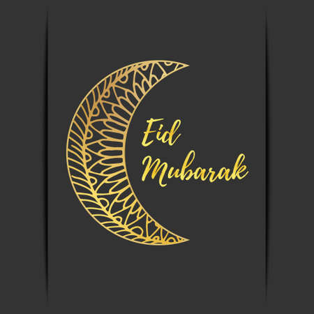 Greeting card of Eid Mubarak holiday. Golden moon on black background. Vector illustrationのイラスト素材