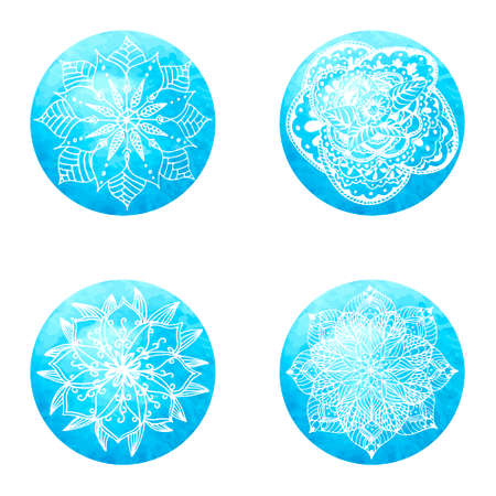 Set of 4 flower mandalas on blue watercolor circlesのイラスト素材