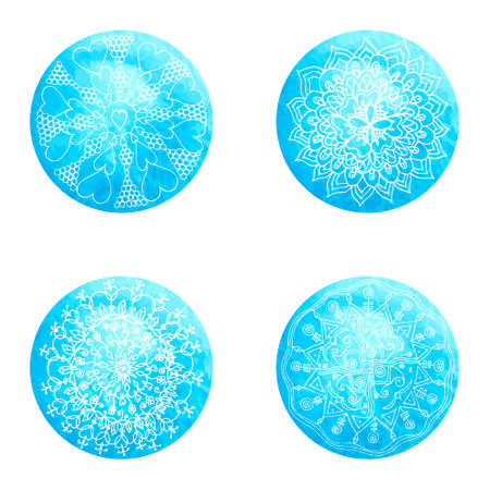Set of 4 flower mandalas on blue watercolor circlesのイラスト素材