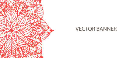 Mandala flower on banner - red on white. Asian, ethnic, arabianのイラスト素材