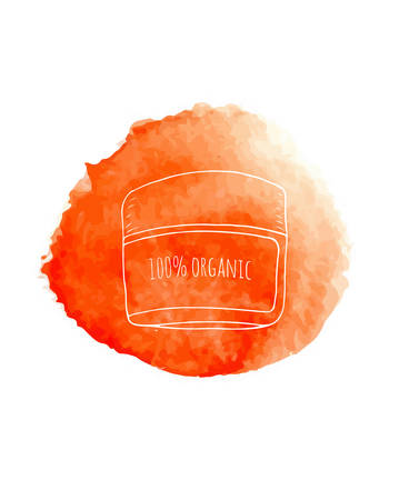 Hand paint doodle cosmetics on red watercolor circle. Made in vectorのイラスト素材
