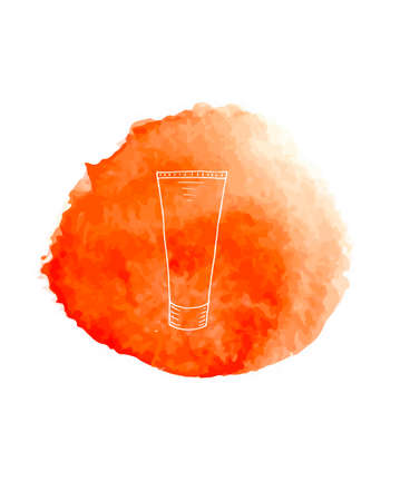 Hand paint doodle cosmetics on red watercolor circle. Made in vectorのイラスト素材