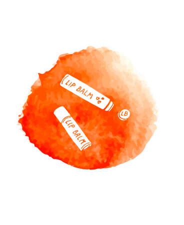 Hand paint doodle cosmetics on red watercolor circle. Made in vectorのイラスト素材