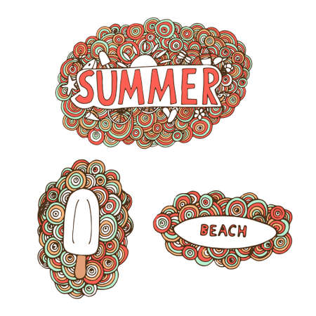 Set of doodle summer elements -  ice-cream, surfboard and summer lettering. Hand drawn.のイラスト素材