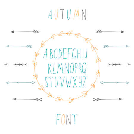 Hand drawn autumn font in vector with arrows and frameのイラスト素材