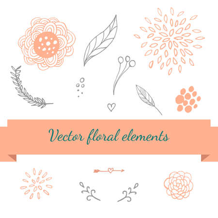 Cute set  with hand paint doodle elements. Flowers, hearts, leaf.  Perfect for cards, invitations, posters.のイラスト素材