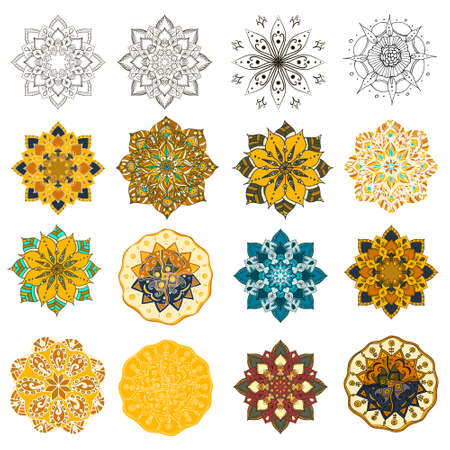 Hand drawn flower mandalas set for cards, invitations and otherのイラスト素材